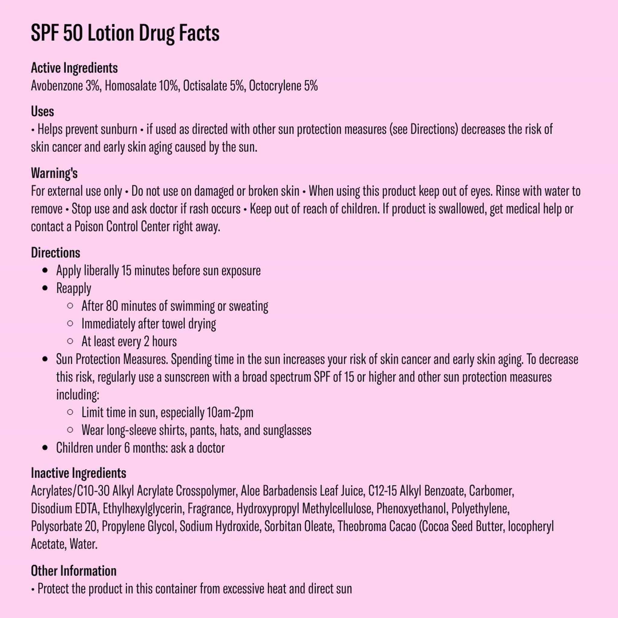 Bask SPF 50 lotion sunscreen drug facts label with active ingredients avobenzone homosalate directions and warnings on pink background