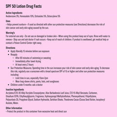 Bask SPF 50 lotion sunscreen drug facts label with active ingredients avobenzone homosalate directions and warnings on pink background