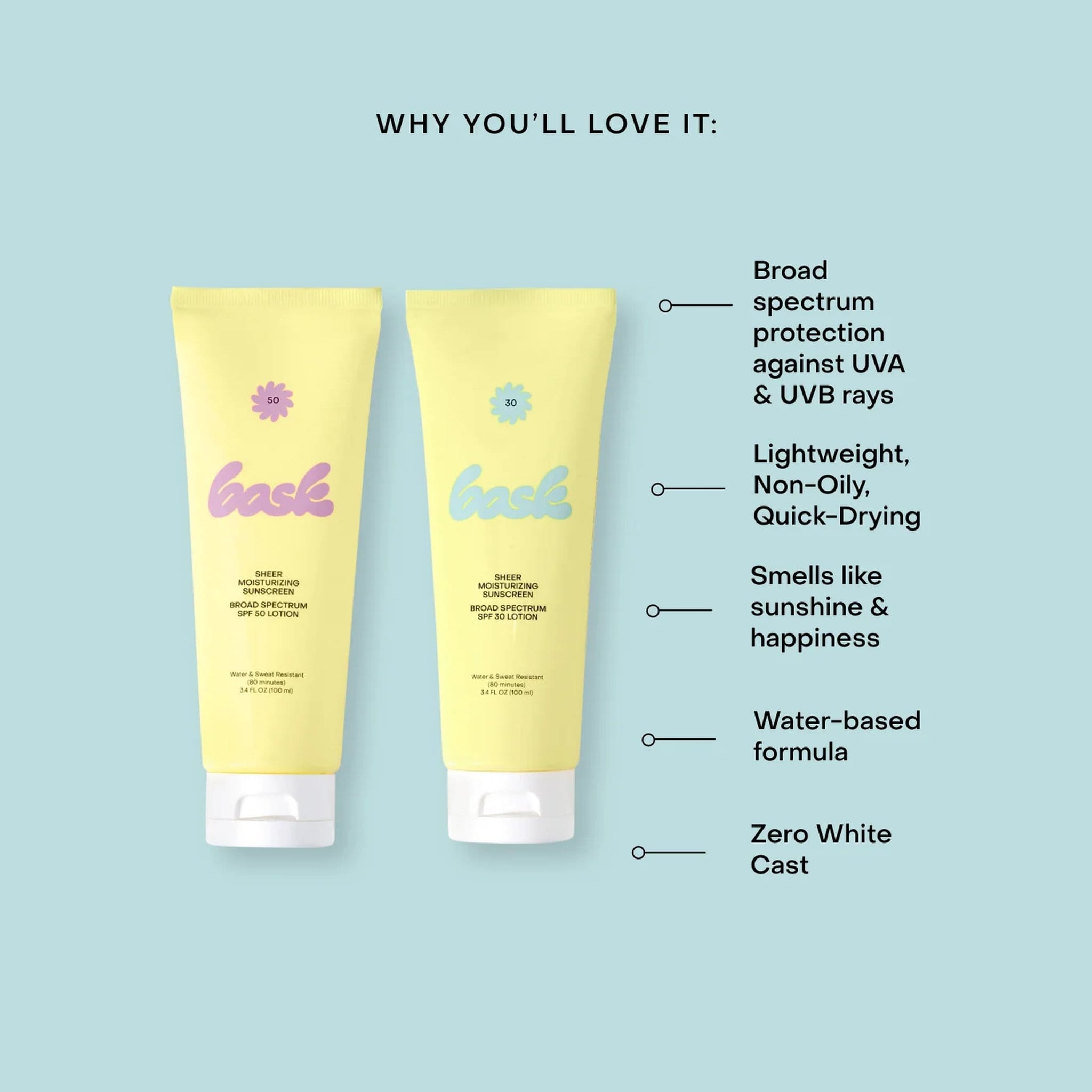 Bask SPF 50 and SPF 30 sheer moisturizing sunscreen lotion features UVA UVB protection lightweight zero white cast water-based