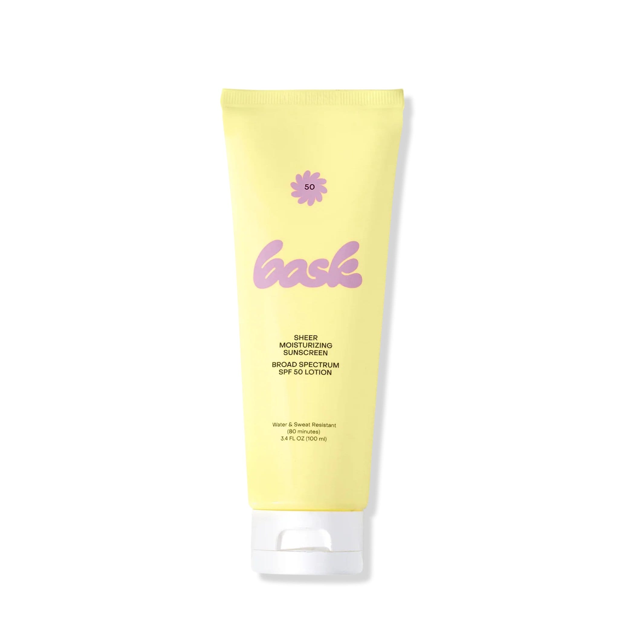 Bask SPF 50 sheer moisturizing sunscreen broad spectrum lotion yellow tube with purple logo water sweat resistant 3.4 fl oz