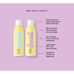 Bask SPF 50 and SPF 30 invisible mist sunscreen spray bottles with key features broad spectrum UVA UVB non-aerosol lightweight