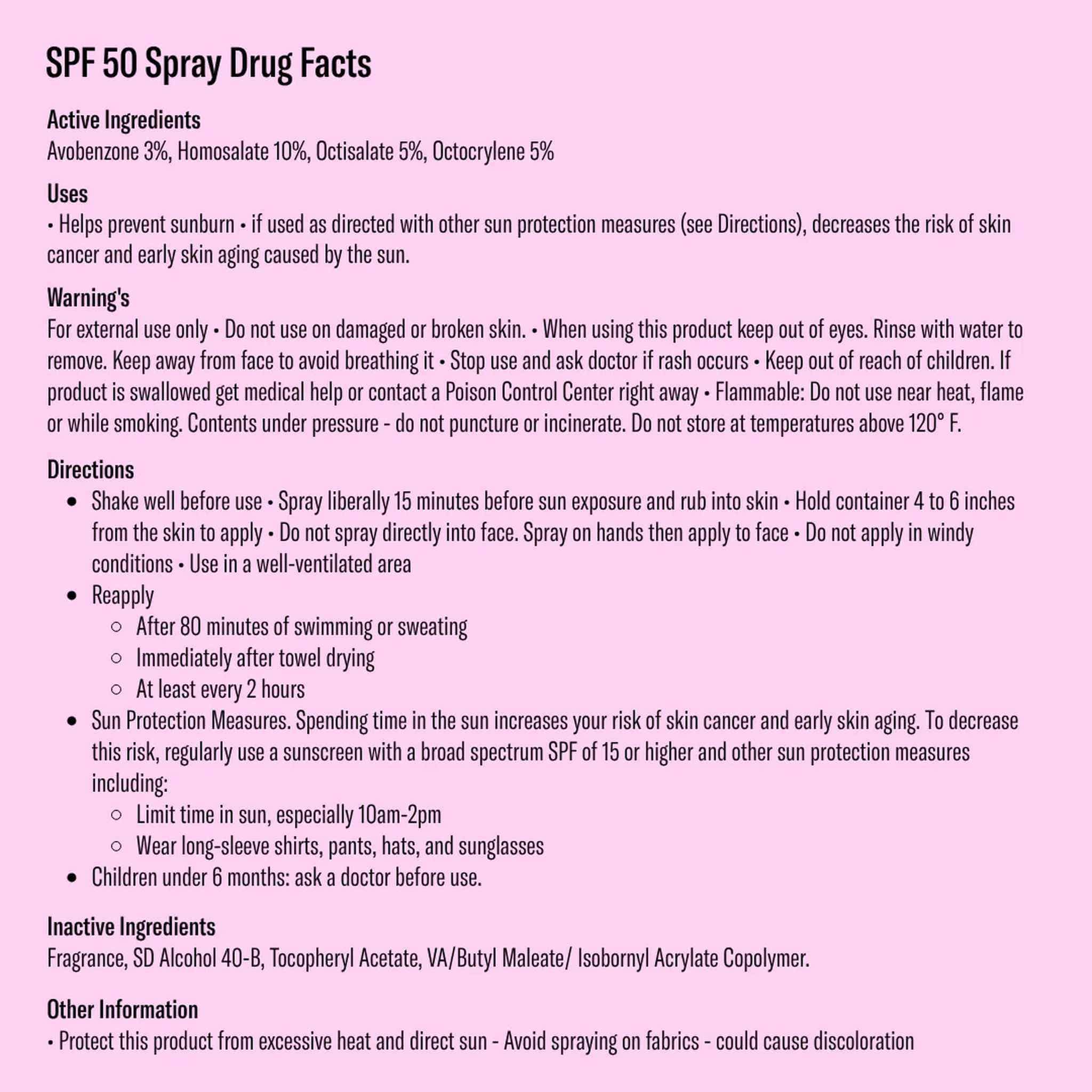 Bask SPF 50 spray sunscreen drug facts label with active ingredients directions and warnings on pink background