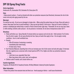 Bask SPF 50 spray sunscreen drug facts label with active ingredients directions and warnings on pink background