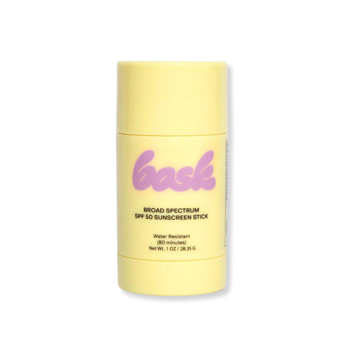Bask broad spectrum SPF 50 sunscreen stick yellow tube water resistant 1 oz