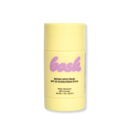 Bask broad spectrum SPF 50 sunscreen stick yellow tube water resistant 1 oz