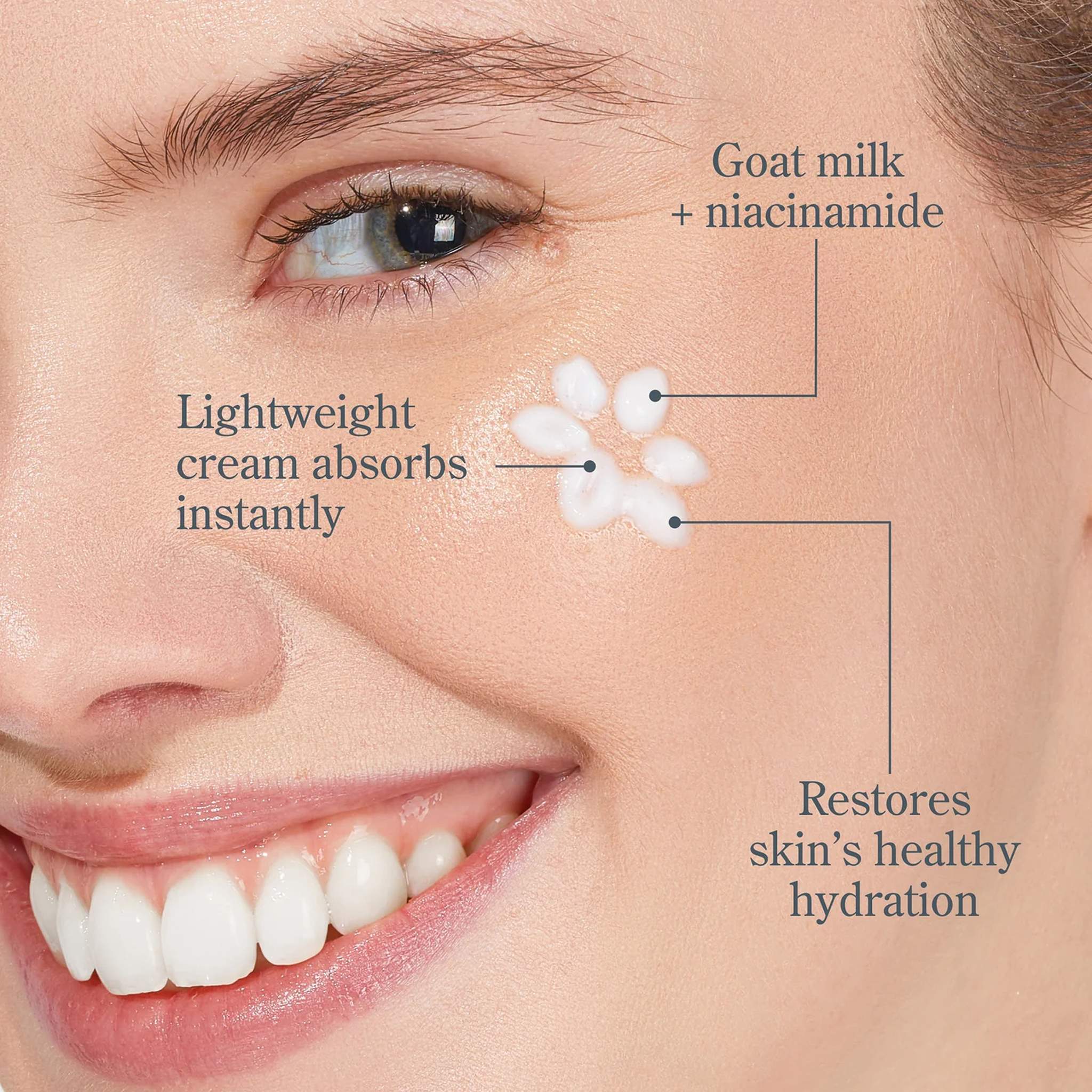 Woman applying lightweight Bloom Cream moisturizer with goat milk and niacinamide to cheek