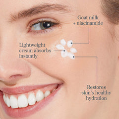 Woman applying lightweight Bloom Cream moisturizer with goat milk and niacinamide to cheek