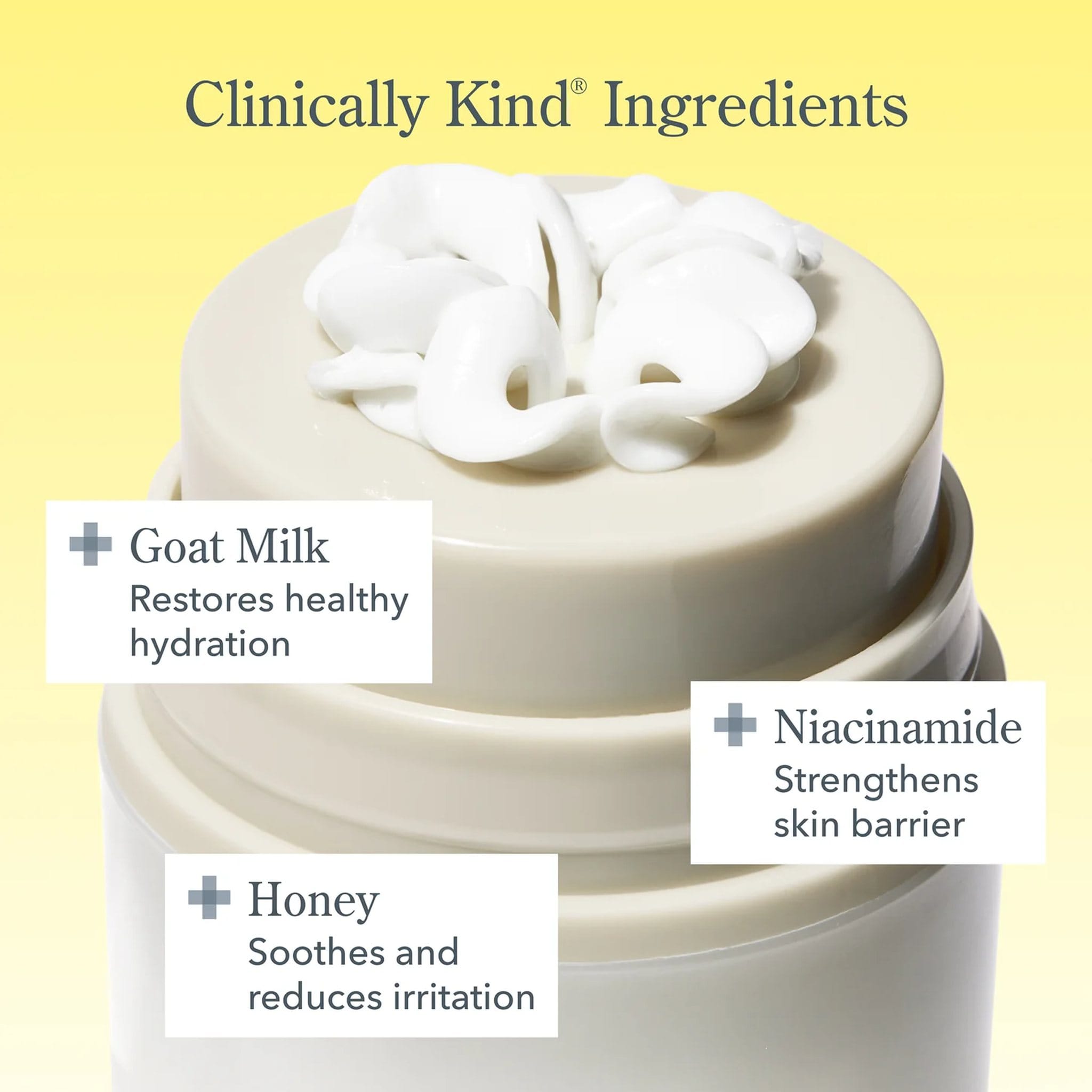 Bloom Cream jar highlighting goat milk niacinamide and honey skincare benefits