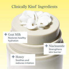 Bloom Cream jar highlighting goat milk niacinamide and honey skincare benefits