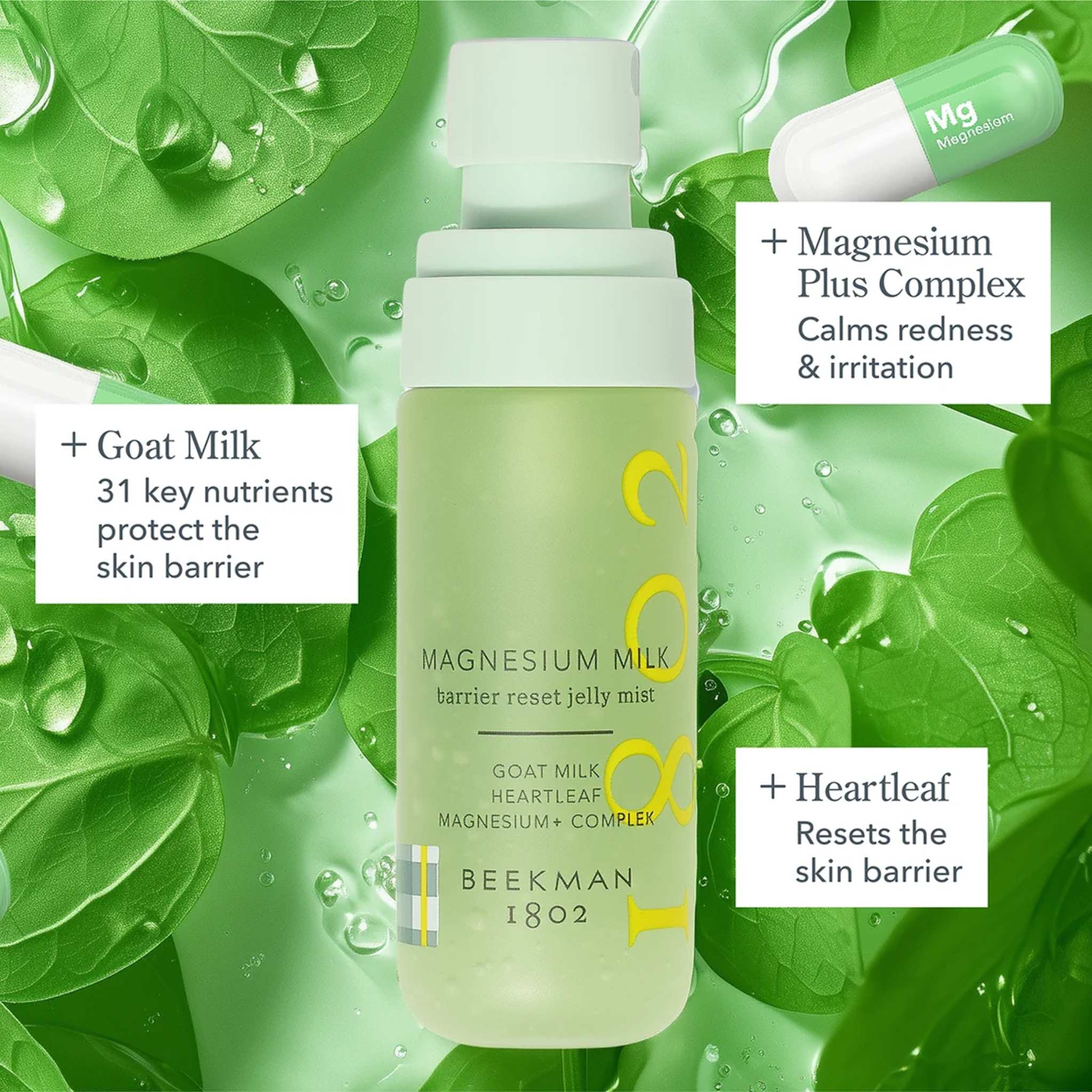 Magnesium Milk jelly mist highlighting goat milk heartleaf and magnesium plus complex