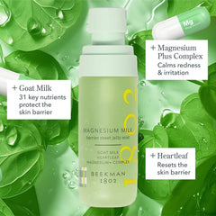 Magnesium Milk jelly mist highlighting goat milk heartleaf and magnesium plus complex