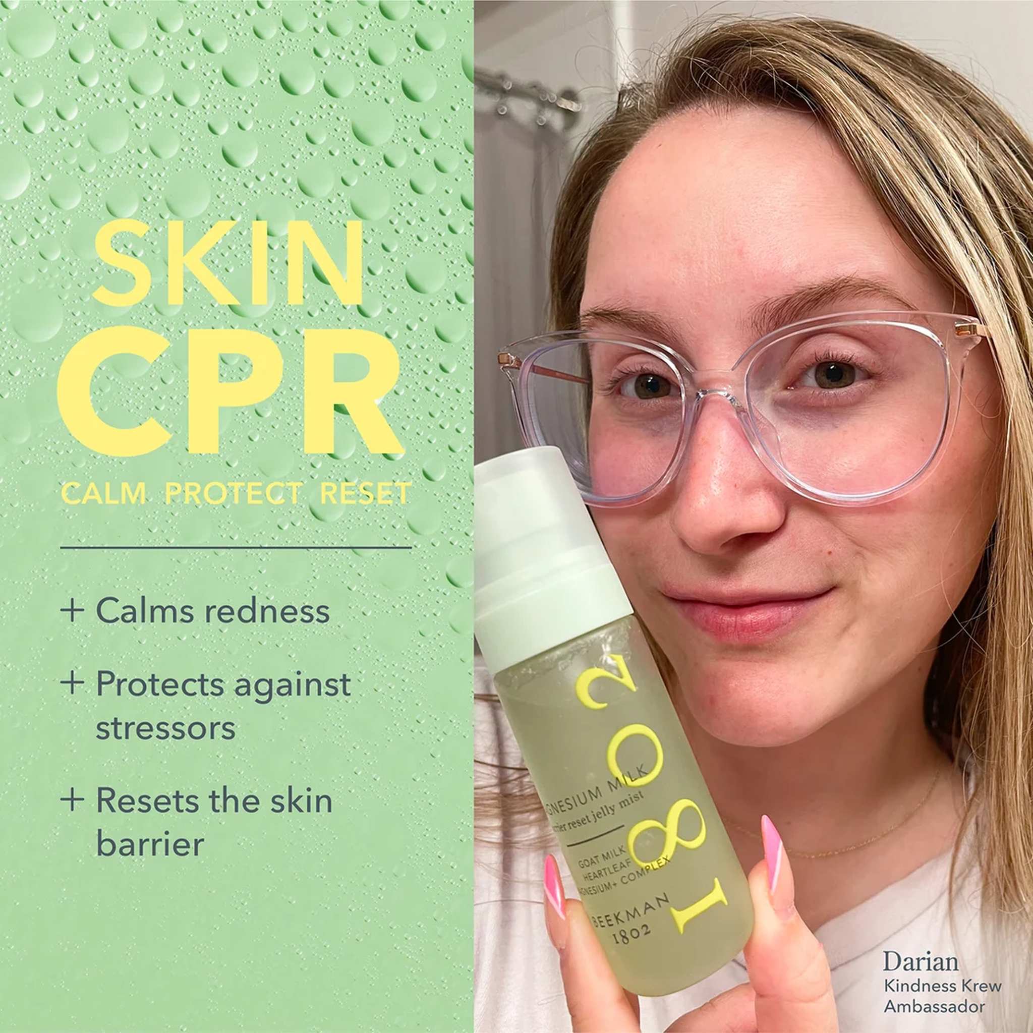 Kindness Krew ambassador holding Magnesium Milk jelly mist for calmer skin