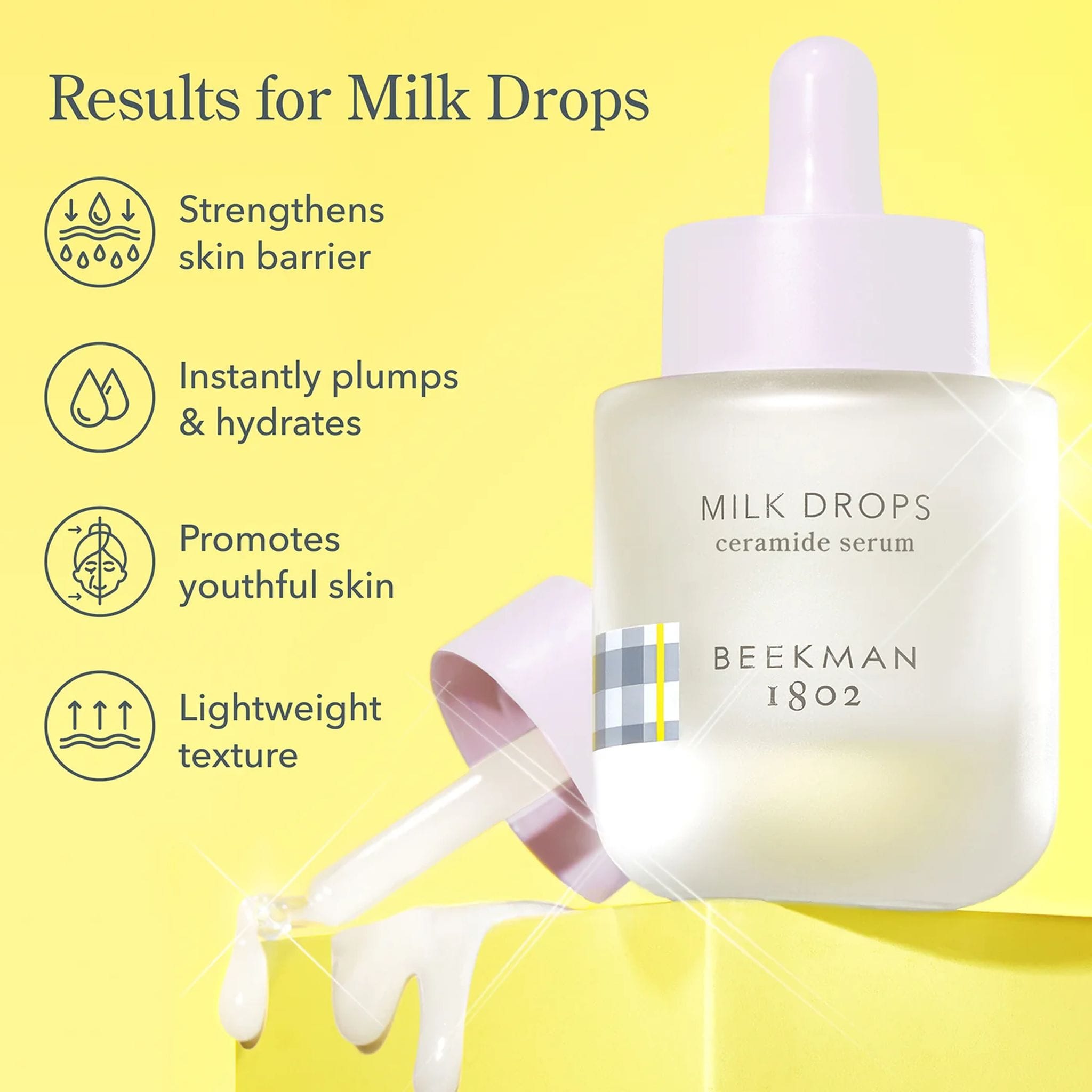 Milk Drops serum results showing skin barrier strength hydration and youthful glow