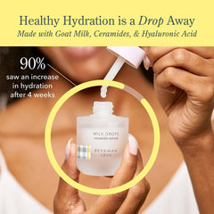 Woman holding Milk Drops serum bottle with 90 percent saw increased hydration after 4 weeks