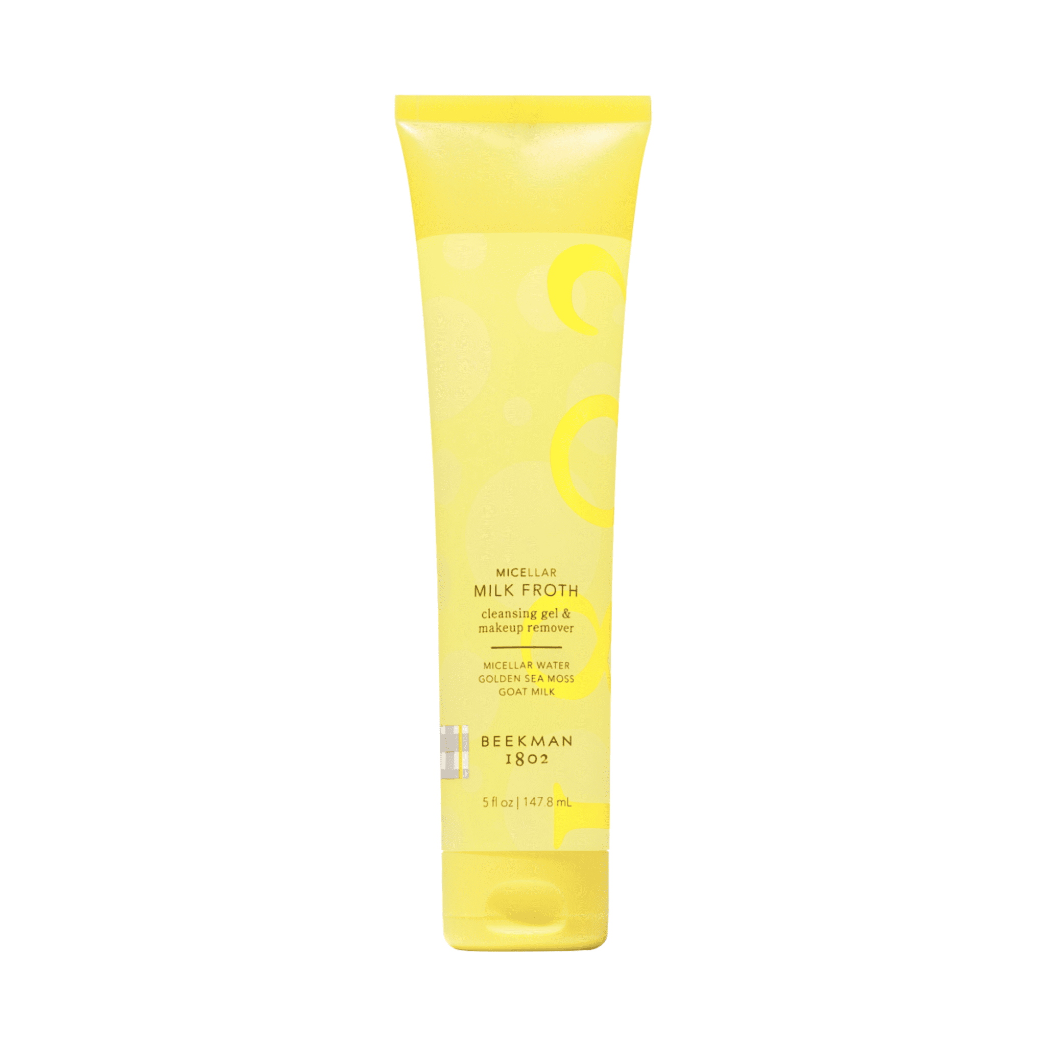 Beekman 1802 Micellar Milk Froth cleansing gel and makeup remover tube on white background