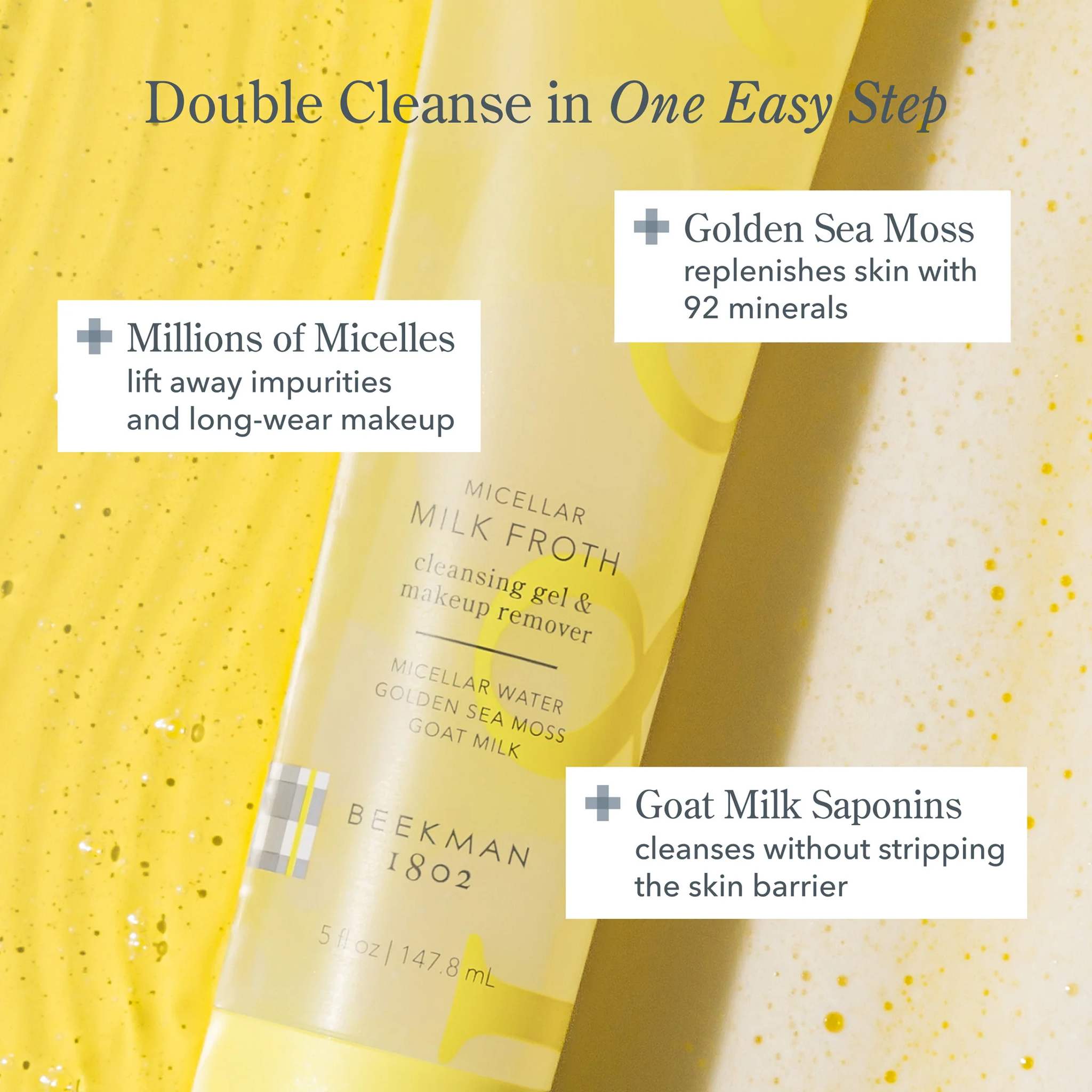 Milk Froth cleanser highlighting millions of micelles golden sea moss and goat milk saponins