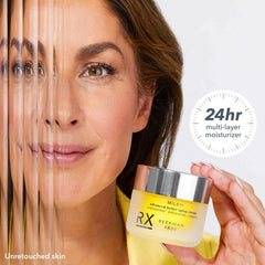 Woman holding Milk RX jar showing 24 hour multi layer moisturizing benefit