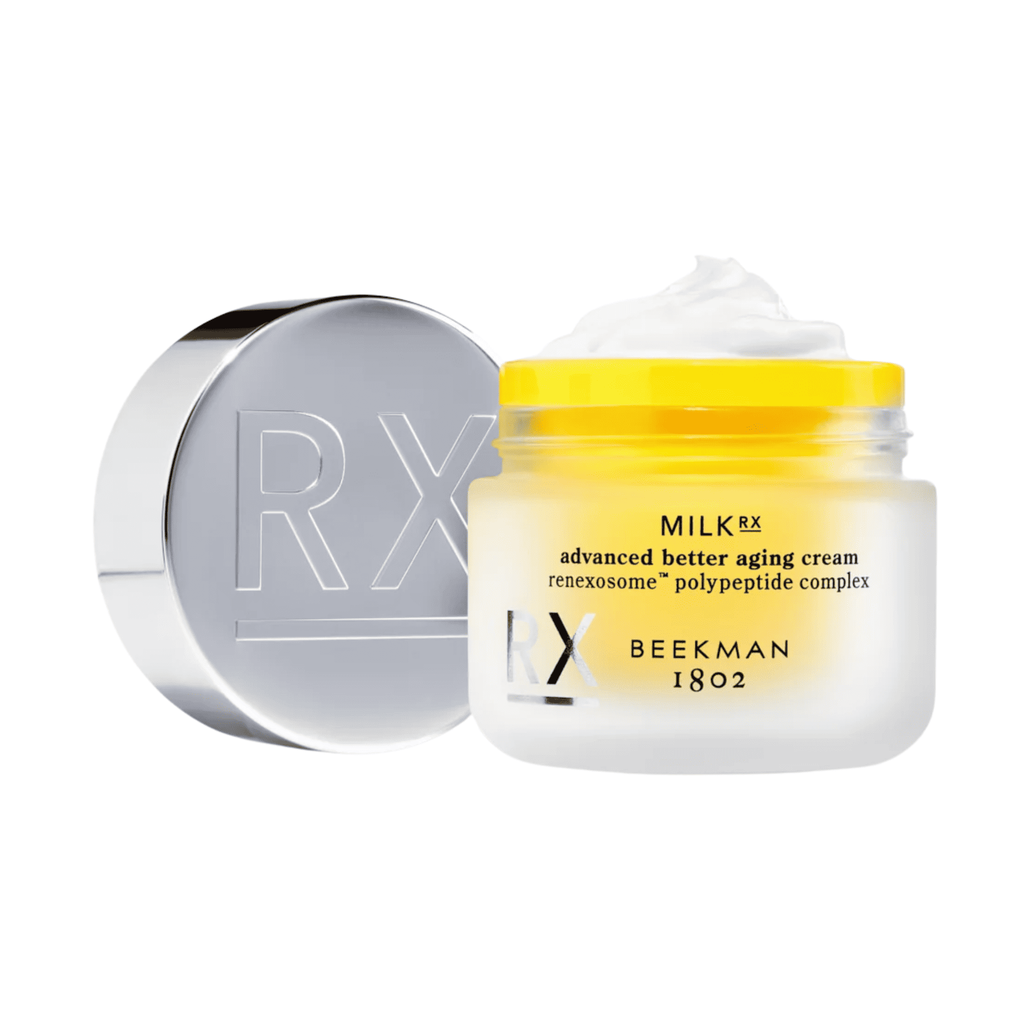 Beekman 1802 Milk RX advanced better aging cream jar with lid and whipped cream texture