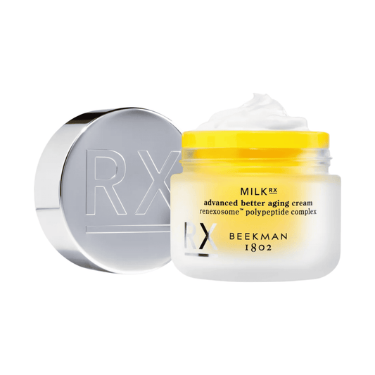 Beekman 1802 Milk RX advanced better aging cream jar with lid and whipped cream texture