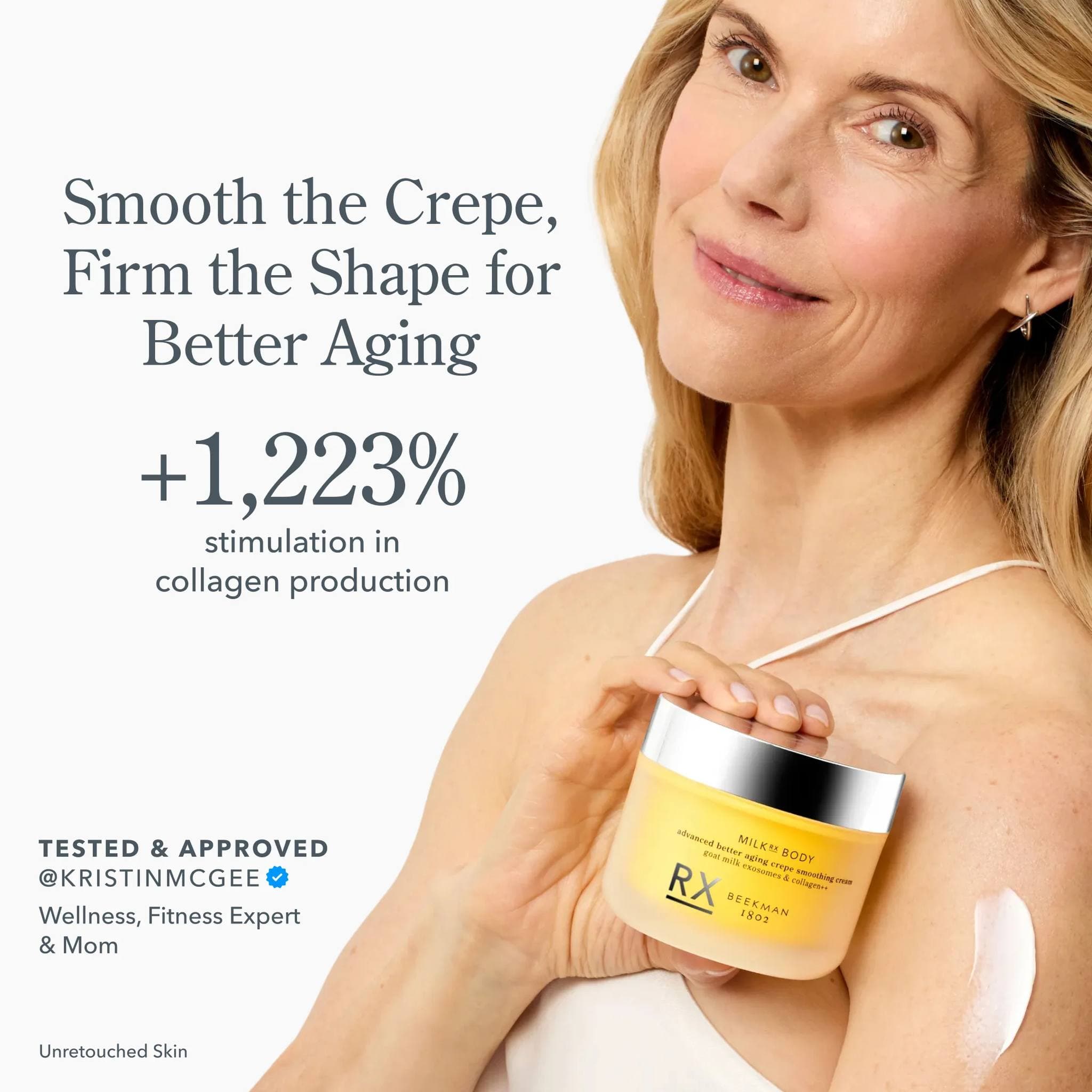 Kristin McGee holding Milk RX Body jar showing 1223 percent increase in collagen production