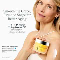 Kristin McGee holding Milk RX Body jar showing 1223 percent increase in collagen production