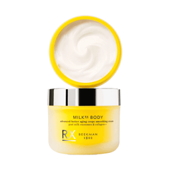 Beekman 1802 Milk RX Body advanced better aging crepe smoothing cream jar with lid