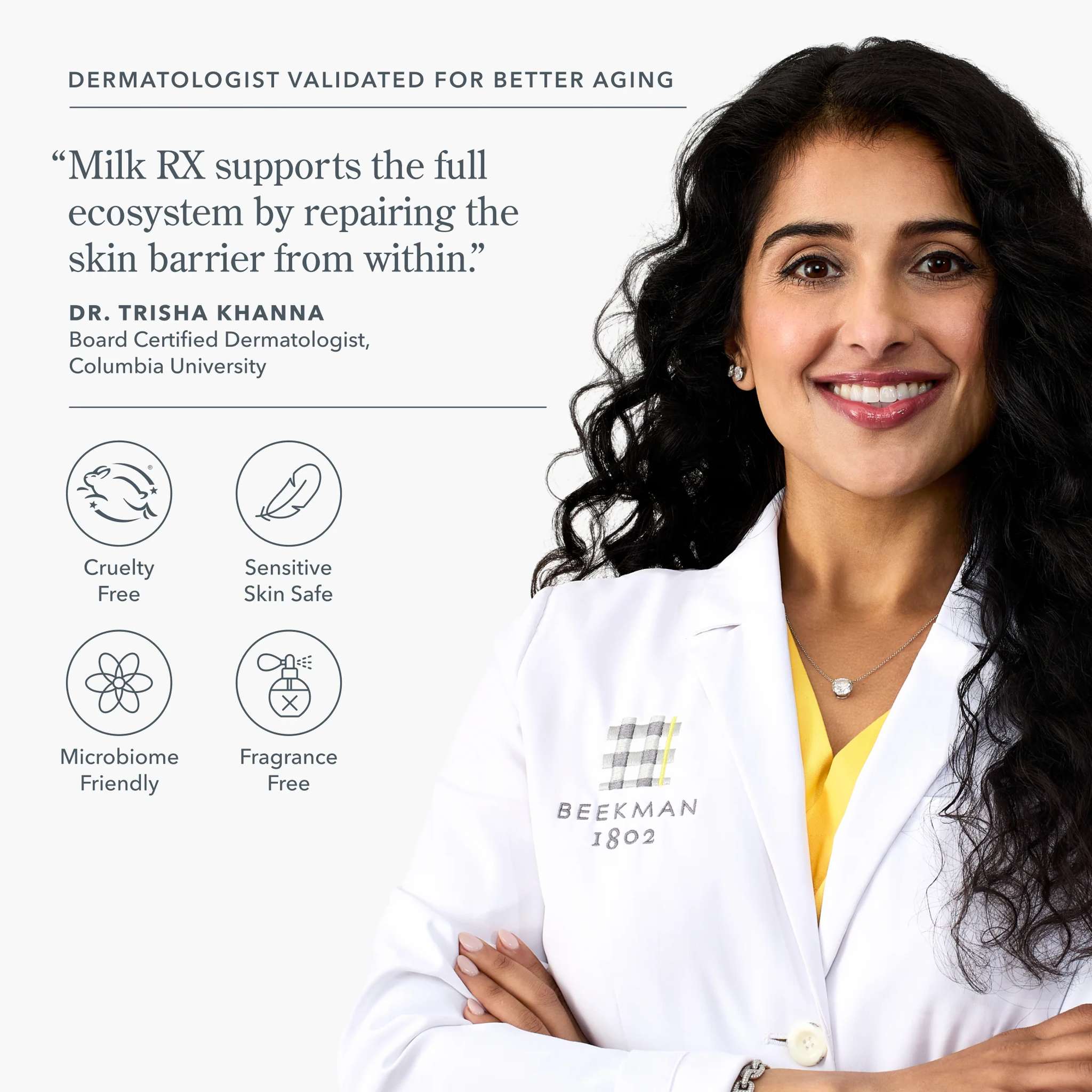 Dr Trisha Khanna endorsing Milk RX Body as cruelty free and microbiome friendly