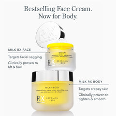Milk RX Face and Milk RX Body jars compared for targeting sagging and crepey skin