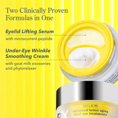 Milk RX eye jar showing eyelid lifting serum and under eye wrinkle smoothing cream