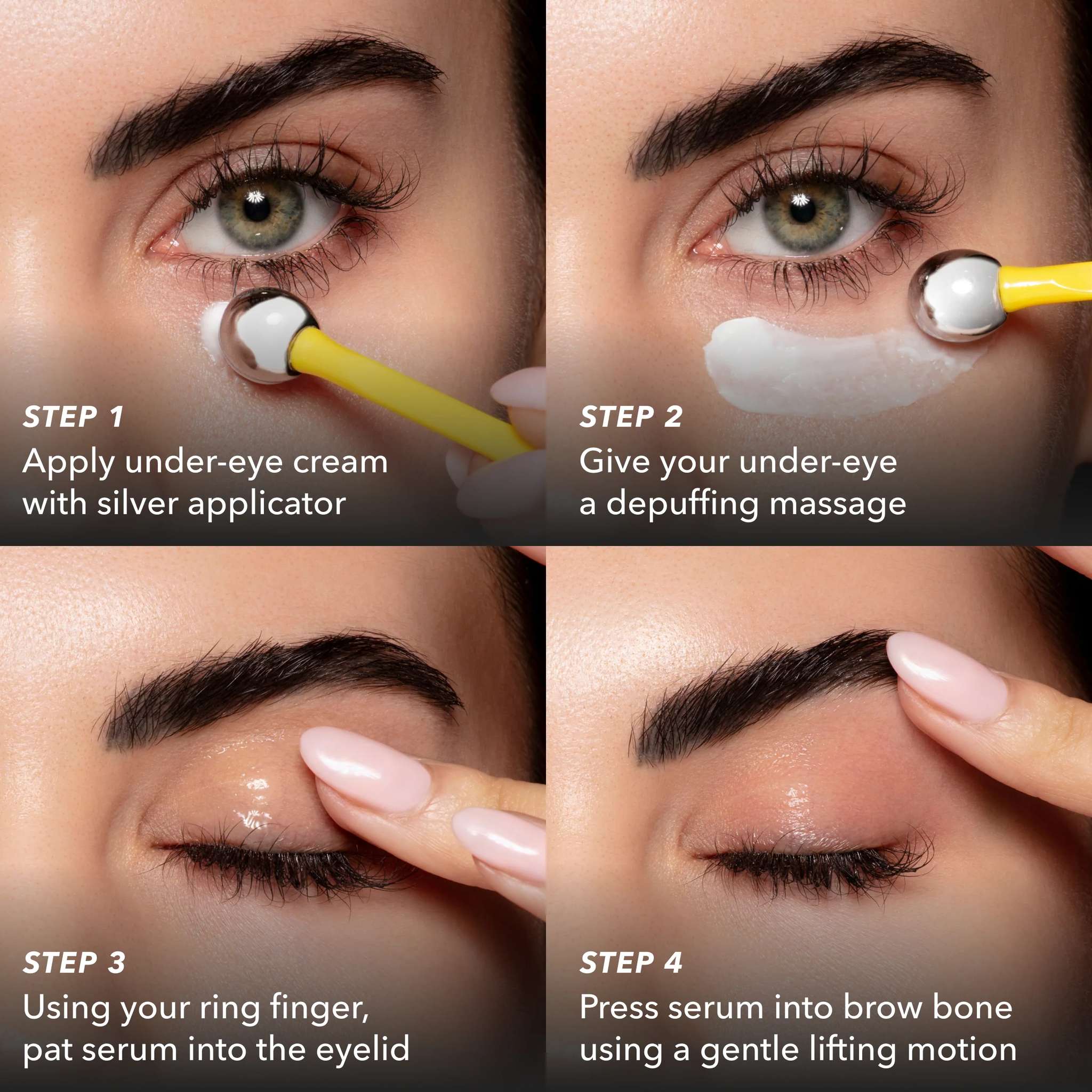 Four step guide for applying Milk RX dual eye treatment with cooling applicator