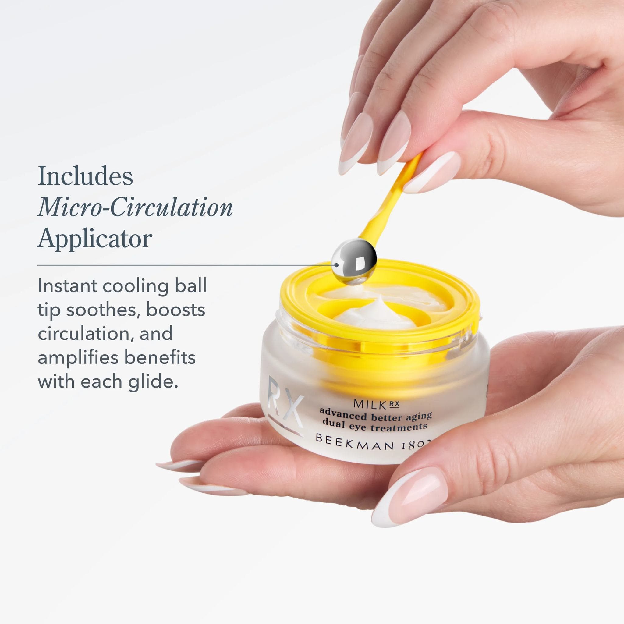 Hands holding Milk RX eye jar with micro circulation cooling ball applicator