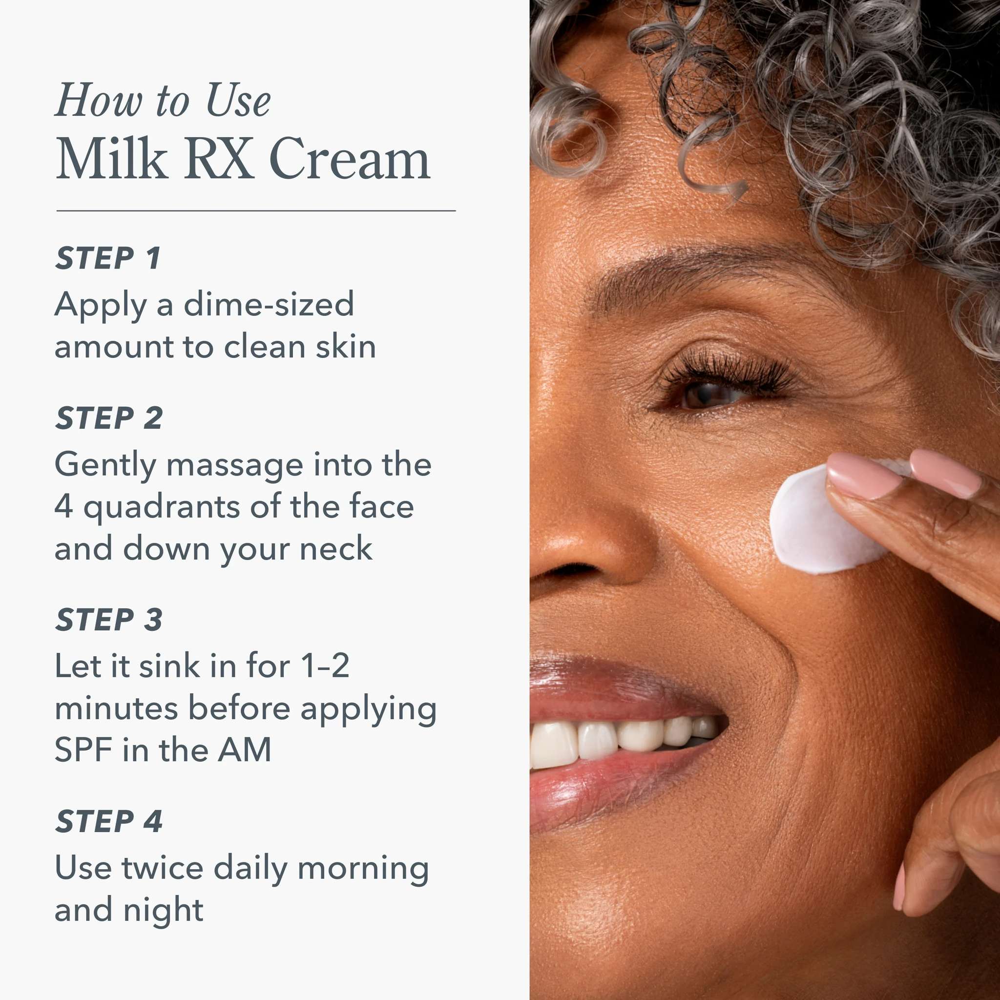 Step by step guide for applying Milk RX cream to face and neck