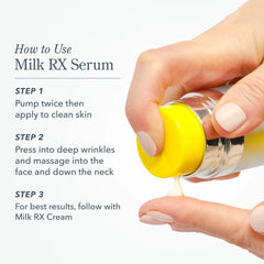Three step guide for applying Milk RX wrinkle serum to face and neck
