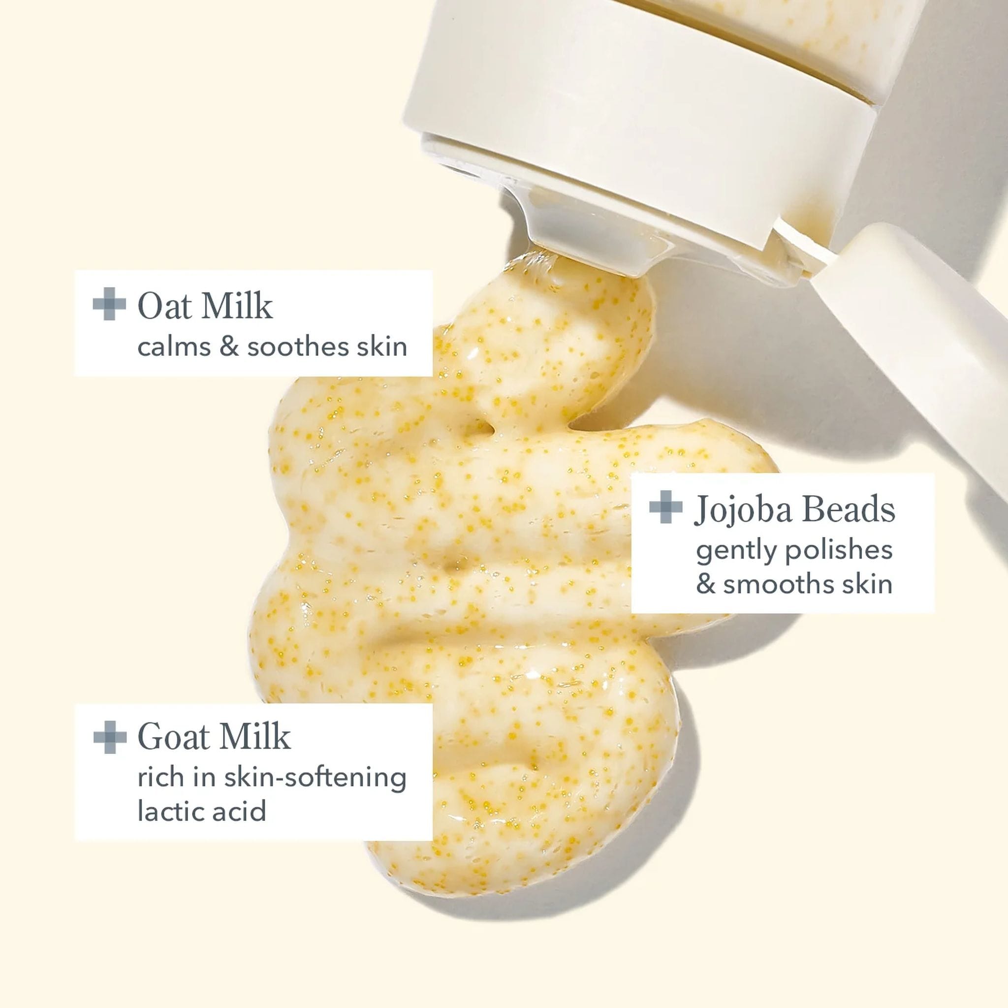 Milk Scrub texture swirl highlighting oat milk jojoba beads and goat milk lactic acid