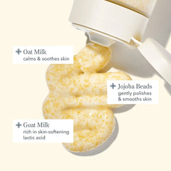 Milk Scrub texture swirl highlighting oat milk jojoba beads and goat milk lactic acid