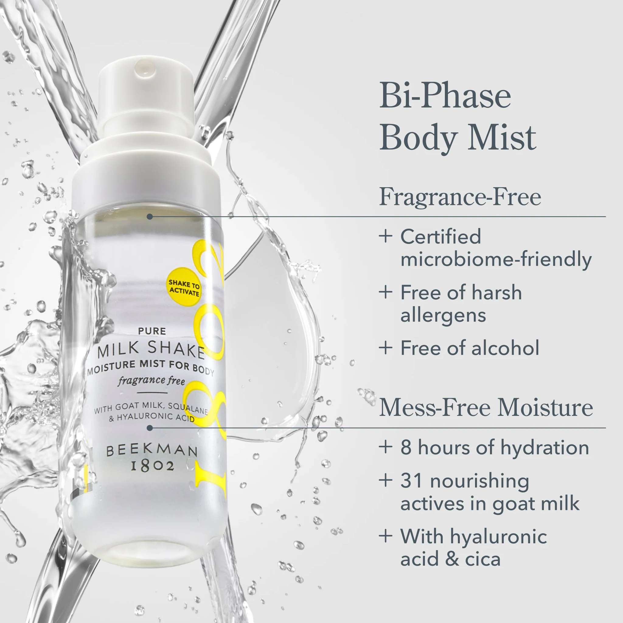 Bi-phase goat milk body mist bottle with fragrance-free hydration benefits