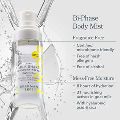 Bi-phase goat milk body mist bottle with fragrance-free hydration benefits