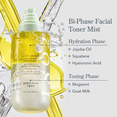 Milk Shake bottle highlighting hydration phase and toning phase ingredients