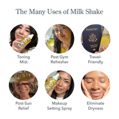 Six photos showing different uses of Milk Shake as toning mist and post gym refresher