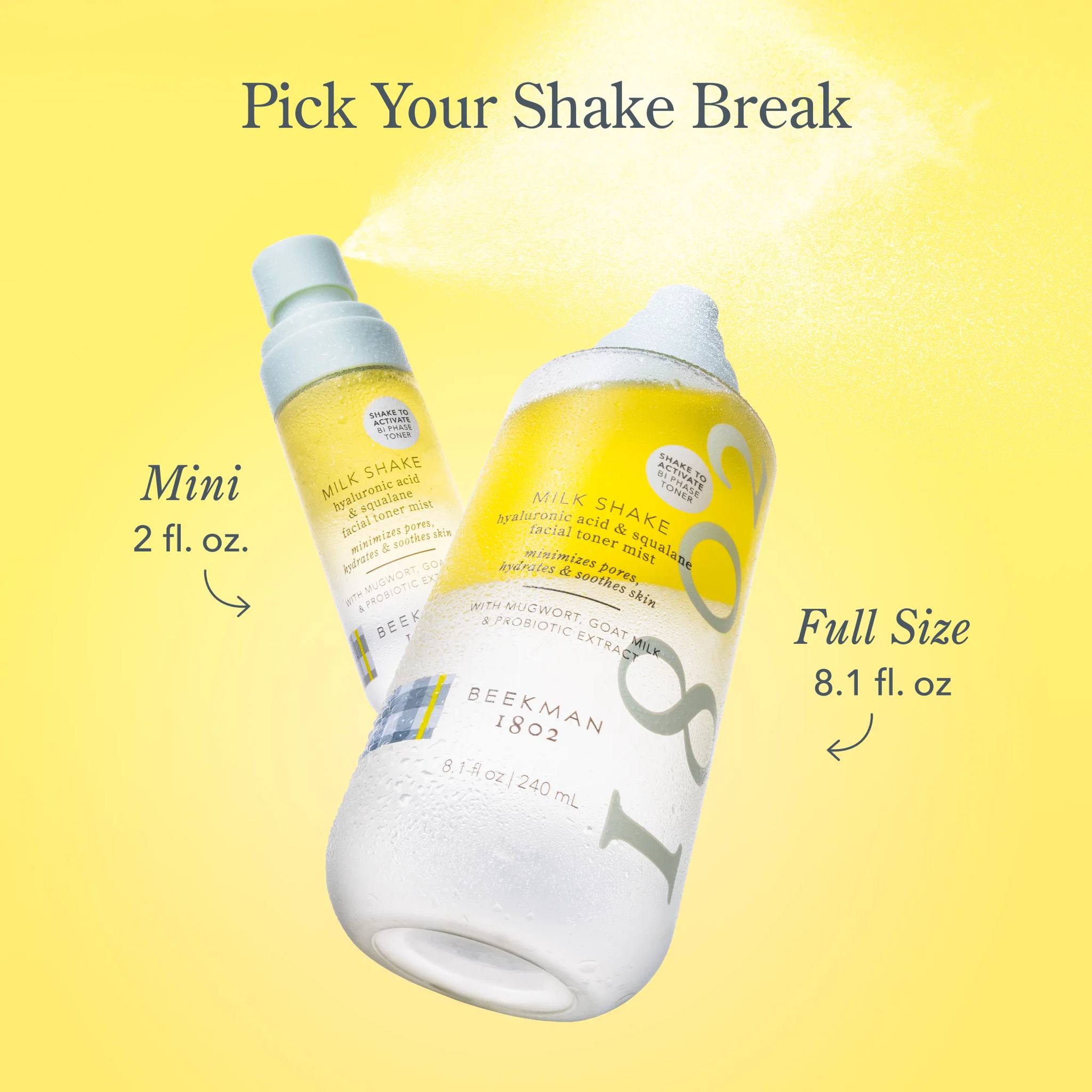 Milk Shake mini and full size bottles compared side by side
