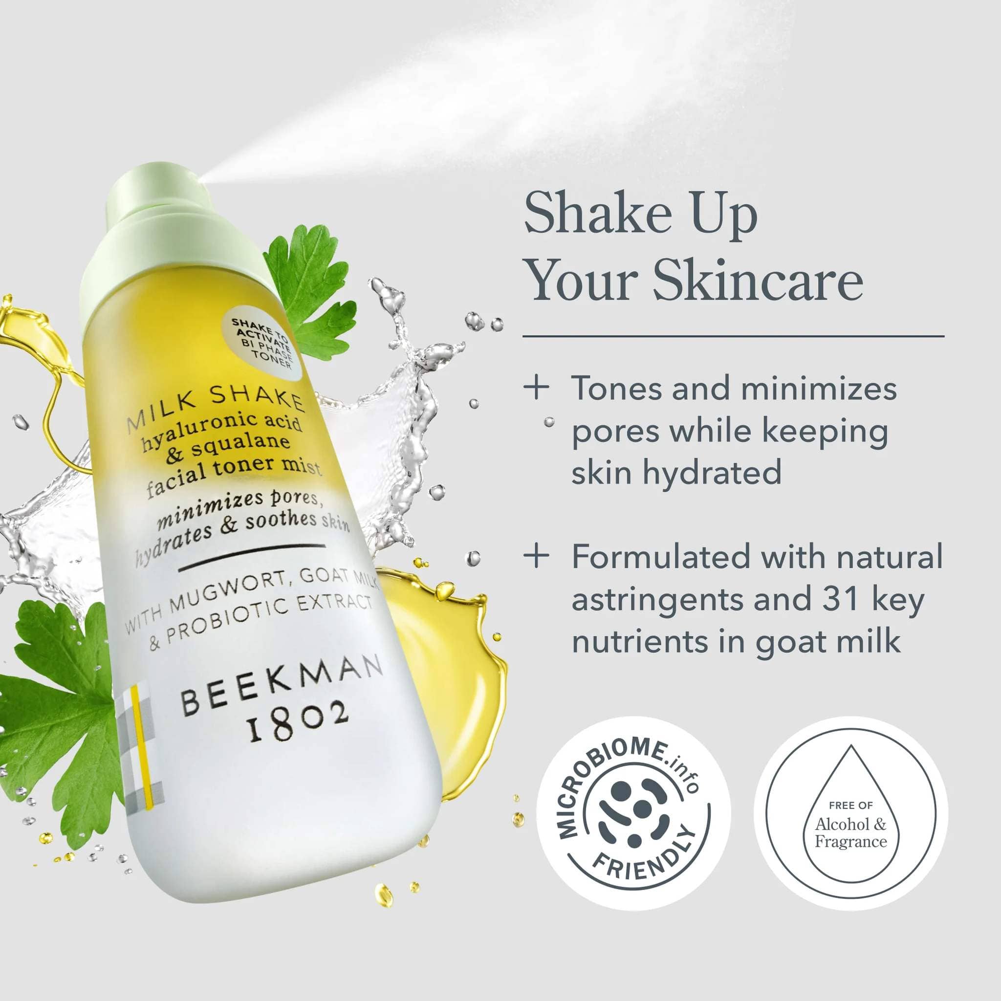 Milk Shake bottle showing microbiome friendly and alcohol free certification badges