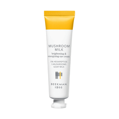 Beekman 1802 Mushroom Milk brightening and energizing eye cream tube on white background