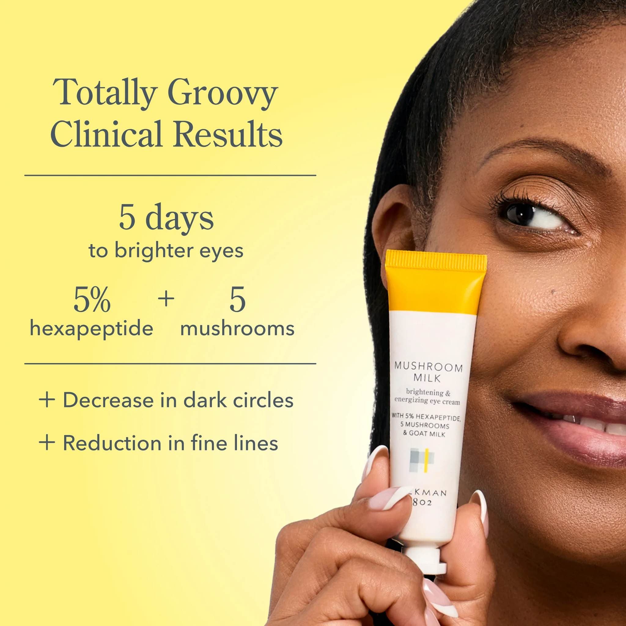 Woman holding Mushroom Milk tube showing 5 days to brighter eyes clinical results
