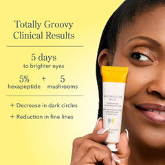 Woman holding Mushroom Milk tube showing 5 days to brighter eyes clinical results
