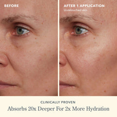 Before and after photos showing oil absorbs 20x deeper for 2x more hydration