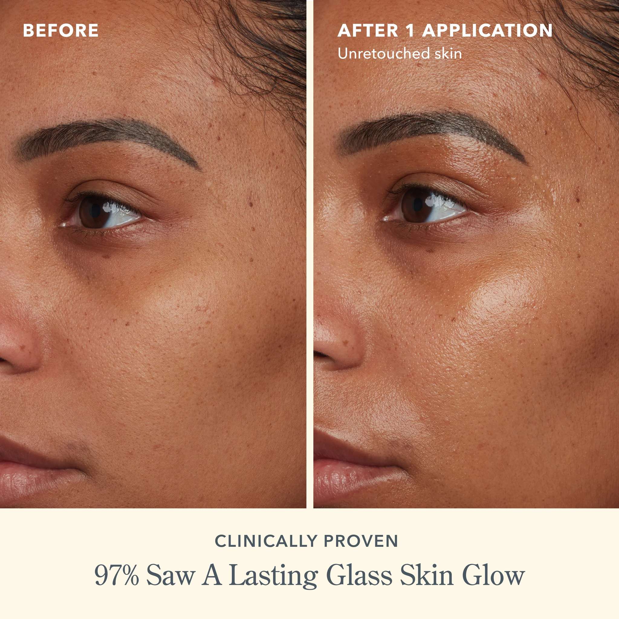 Before and after photos showing 97 percent saw a lasting glass skin glow