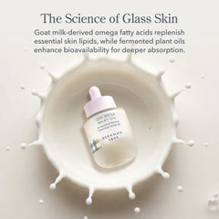 Oh Mega Milky Oil bottle placed in a milk splash illustrating the science of glass skin