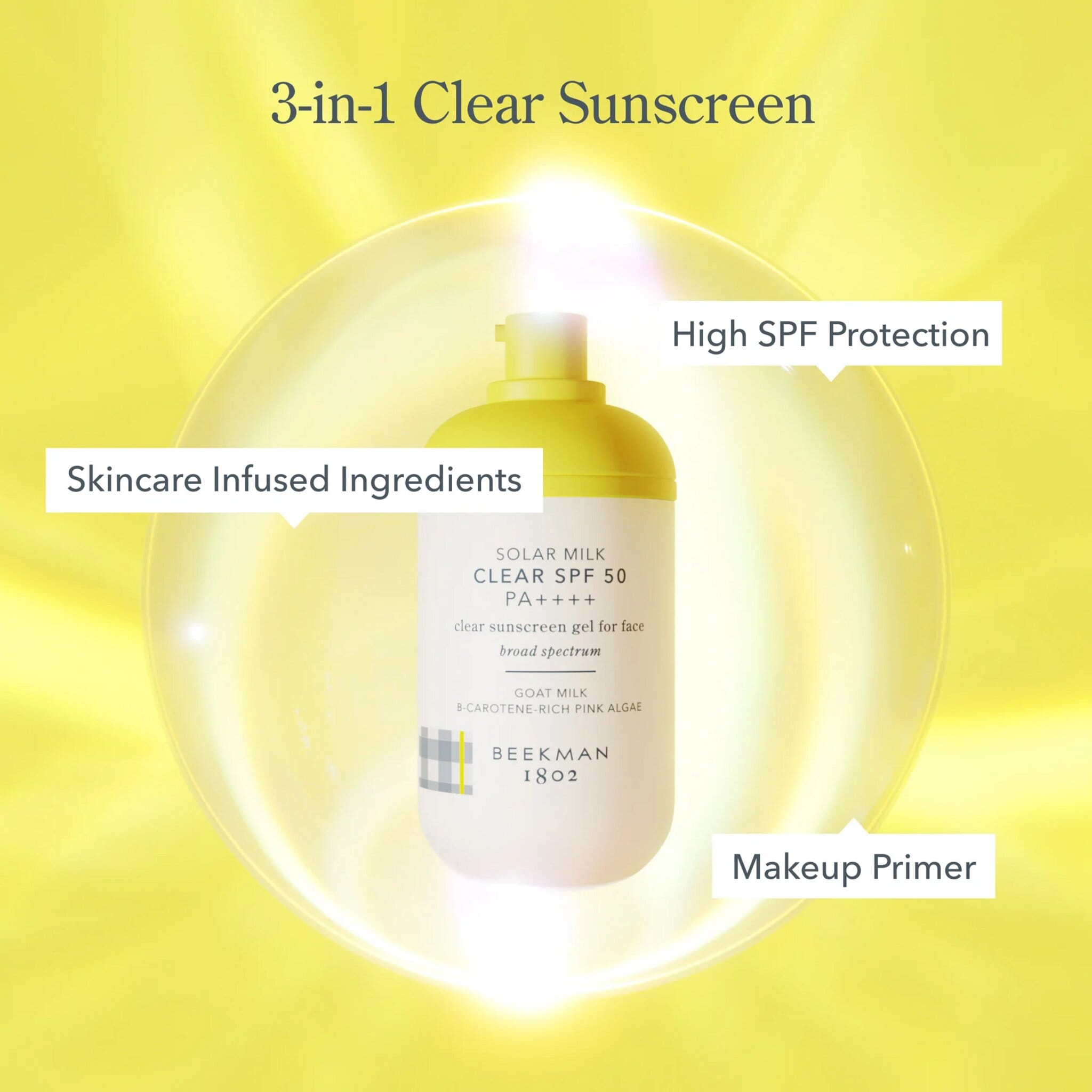 Solar Milk SPF 50 sunscreen shown as high SPF protection makeup primer and skincare in one