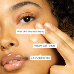 Clear velvety gel sunscreen applied under the eye without pilling under makeup