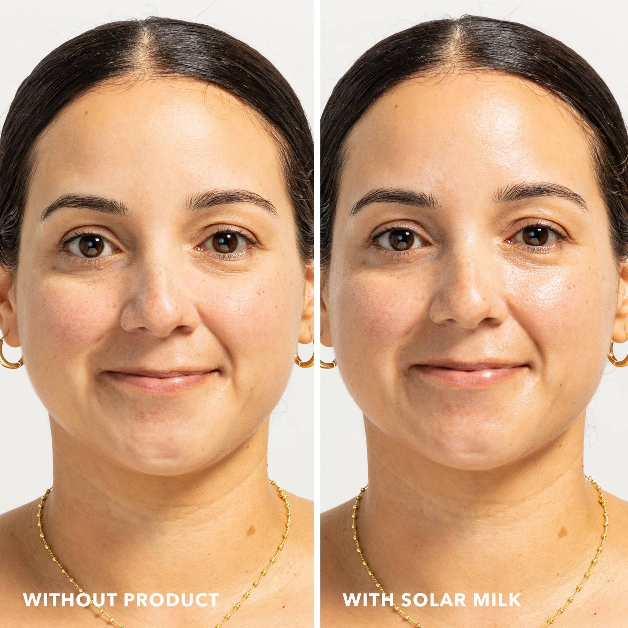 Skin before and after applying Solar Milk SPF 50 sunscreen for a dewy glow